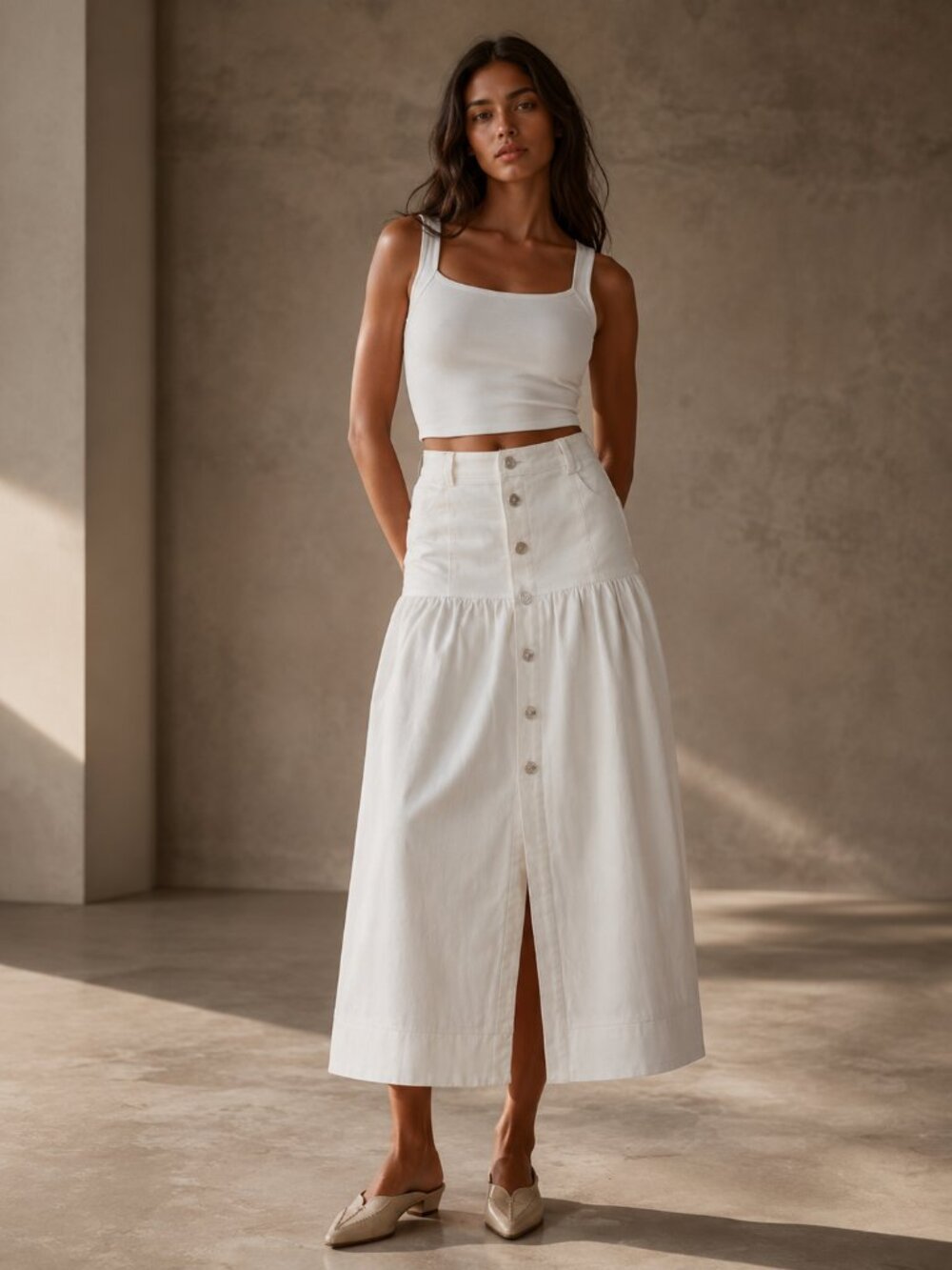 Anthropologie Moon River Button Front Denim Midi Skirt in Ivory NEW NWT